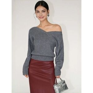 Commense Gray Knit Wrap Sweater V Neck Long Sleeve Ribbed Pullover Top Size‎ XS